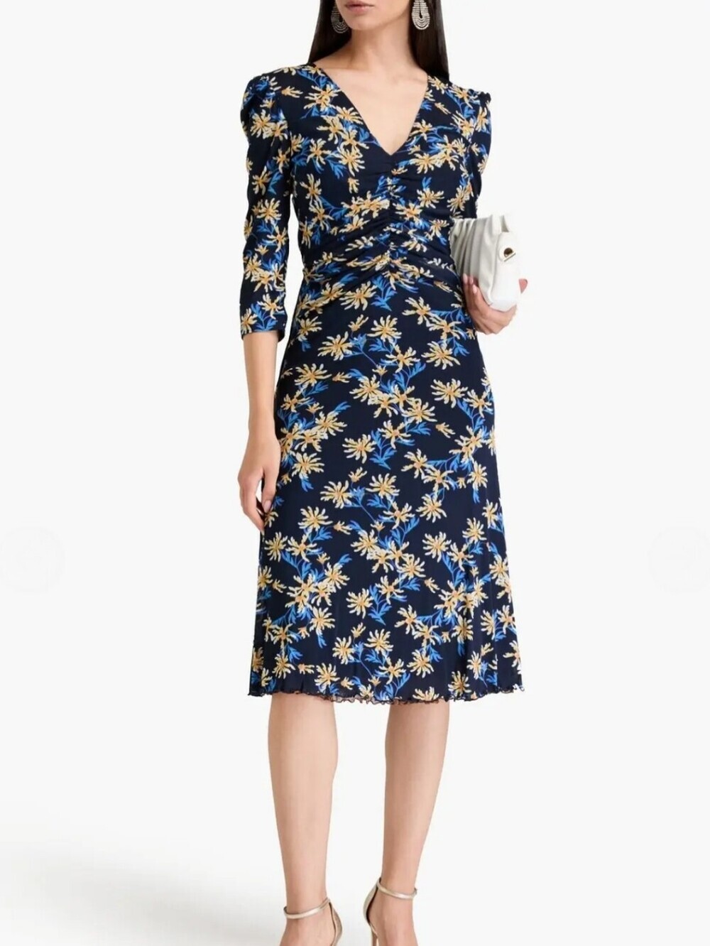 Diane von Furstenberg Ivan Ruched Mesh Midi Dress NWT 3/4 Sleeve Designer LG